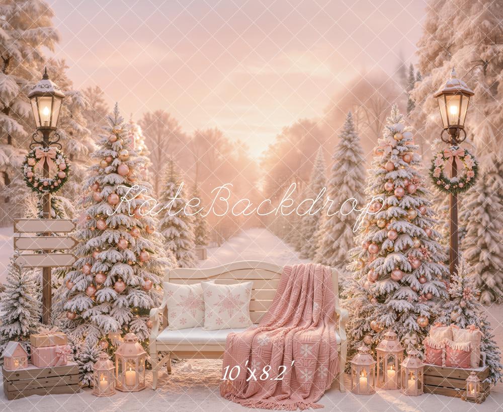 Kate Christmas Snowy Trees Bench Pink Gifts Outdoor Printed Backdrop Designed by Emetselch