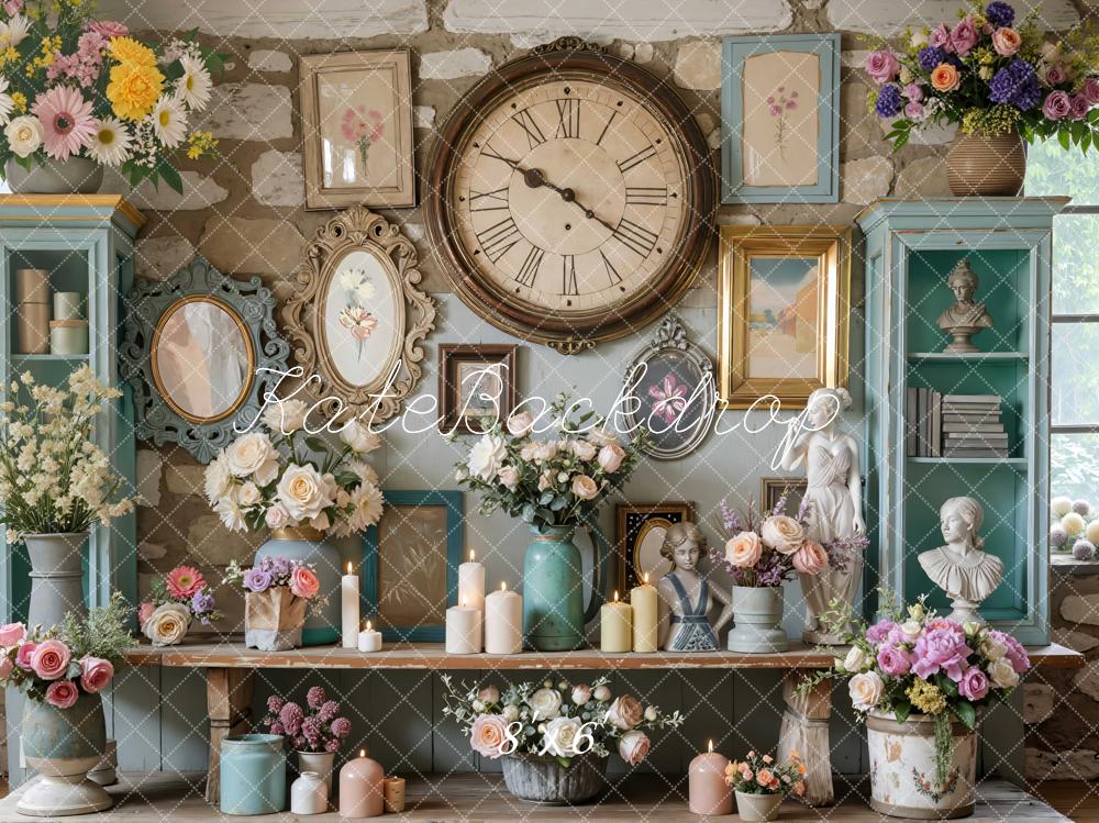 Kate Vintage Wall Clock Floral Cabinets Busts Candles Backdrop Designe