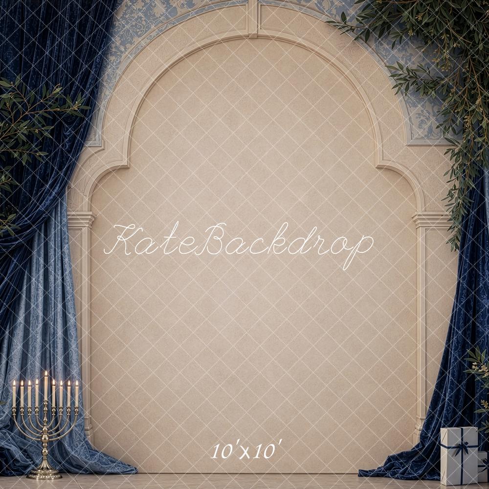 Kate Hanukkah Navy Drapes Arch Greenery Printed Backdrop Designed by Shutter Swan Studios