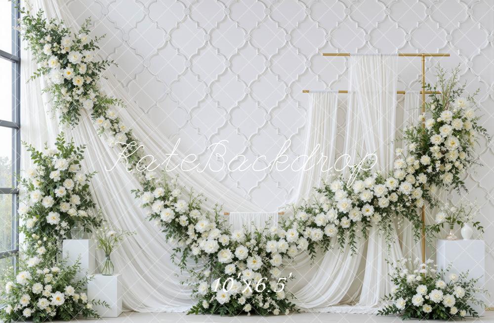 Kate Spring Elegant White Flower Arch Drapes Printed Backdrop Designed by Mini MakeBelieve