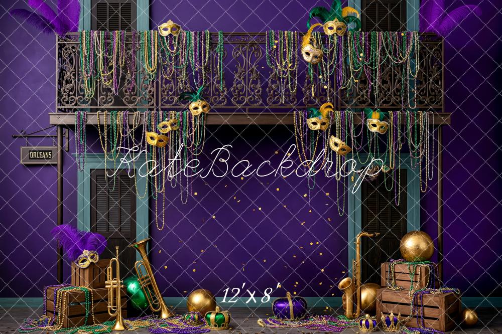 Kate Carnival Mardi Gras Balcony Beads Masks Instruments Purple Printed Backdrop Designed by Patty Roberts