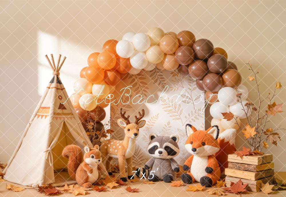 Kate Cake Smash Fall Woodland Balloon Arch Teepee Animals Printed Backdrop Designed by Emetselch