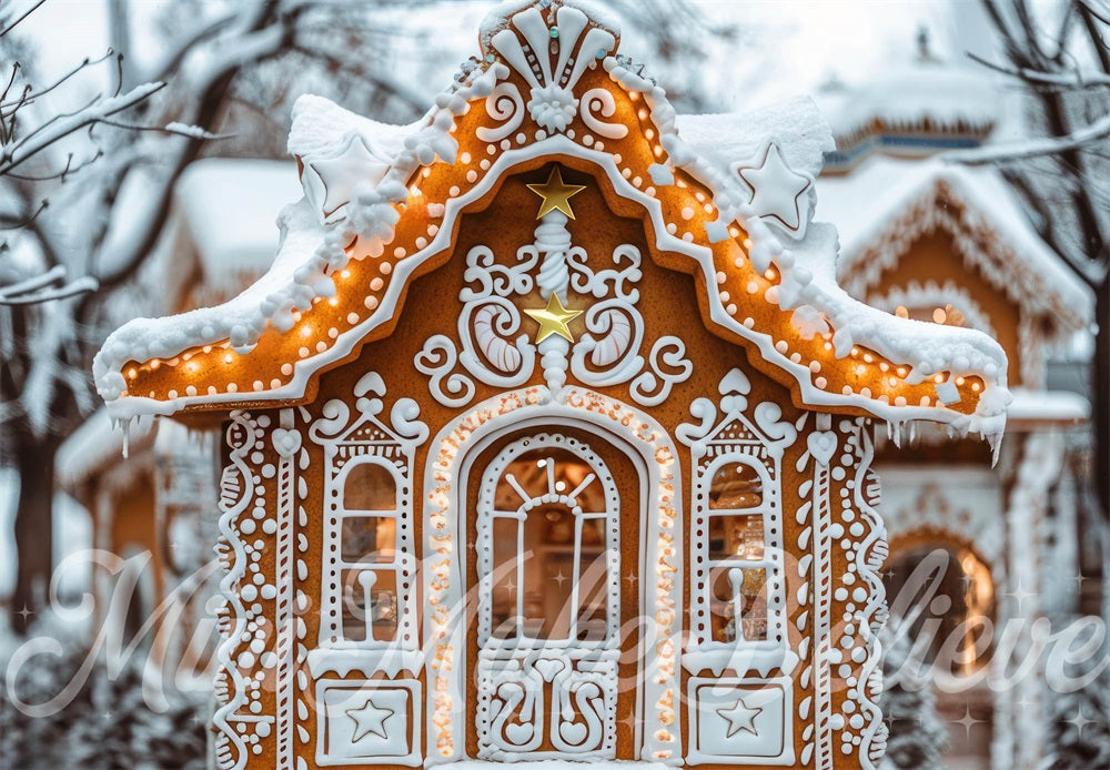Kate Christmas Outdoor Forest Vintage Gingerbread Cottage Backdrop Designed by Mini MakeBelieve