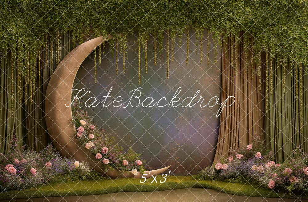 Kate Fantasy Crescent Moon Flowers Greenery Printed Backdrop Designed by Angela Miller