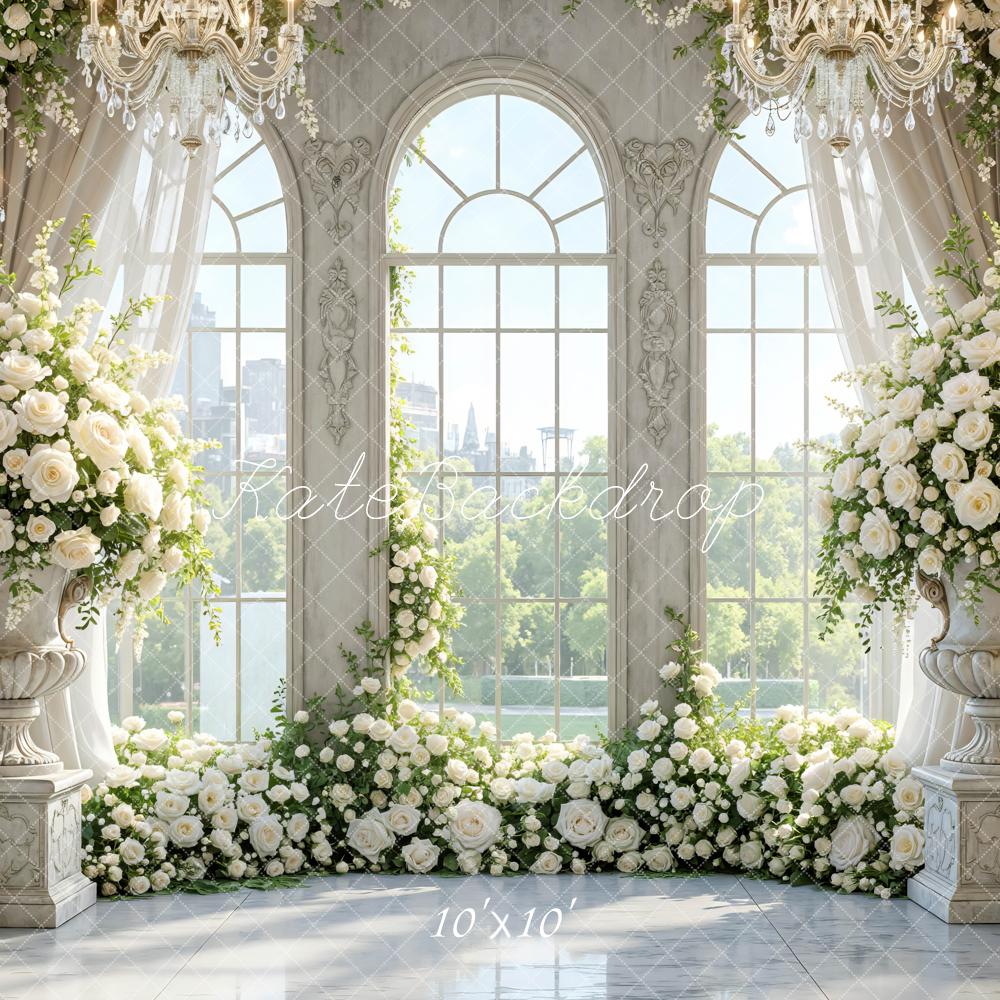 Kate White Flower Arch Elegant Window Chandelier Printed Backdrop Designed by Mini MakeBelieve