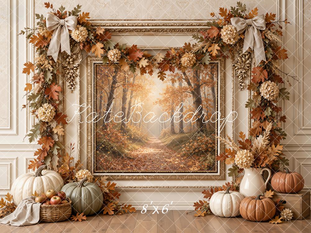 Kate Fall Vintage Framed Wall Pumpkin Garland Forest Printed Backdrop Designed by Emetselch
