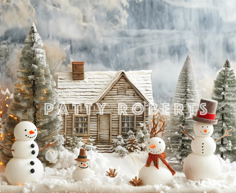 Rustic Winter Cabin Snowman Backdrop