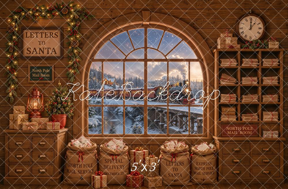 Christmas Workshop Polar Train North Pole Mail Room Window Letters To Santa Printed Backdrop Designed by Emetselch