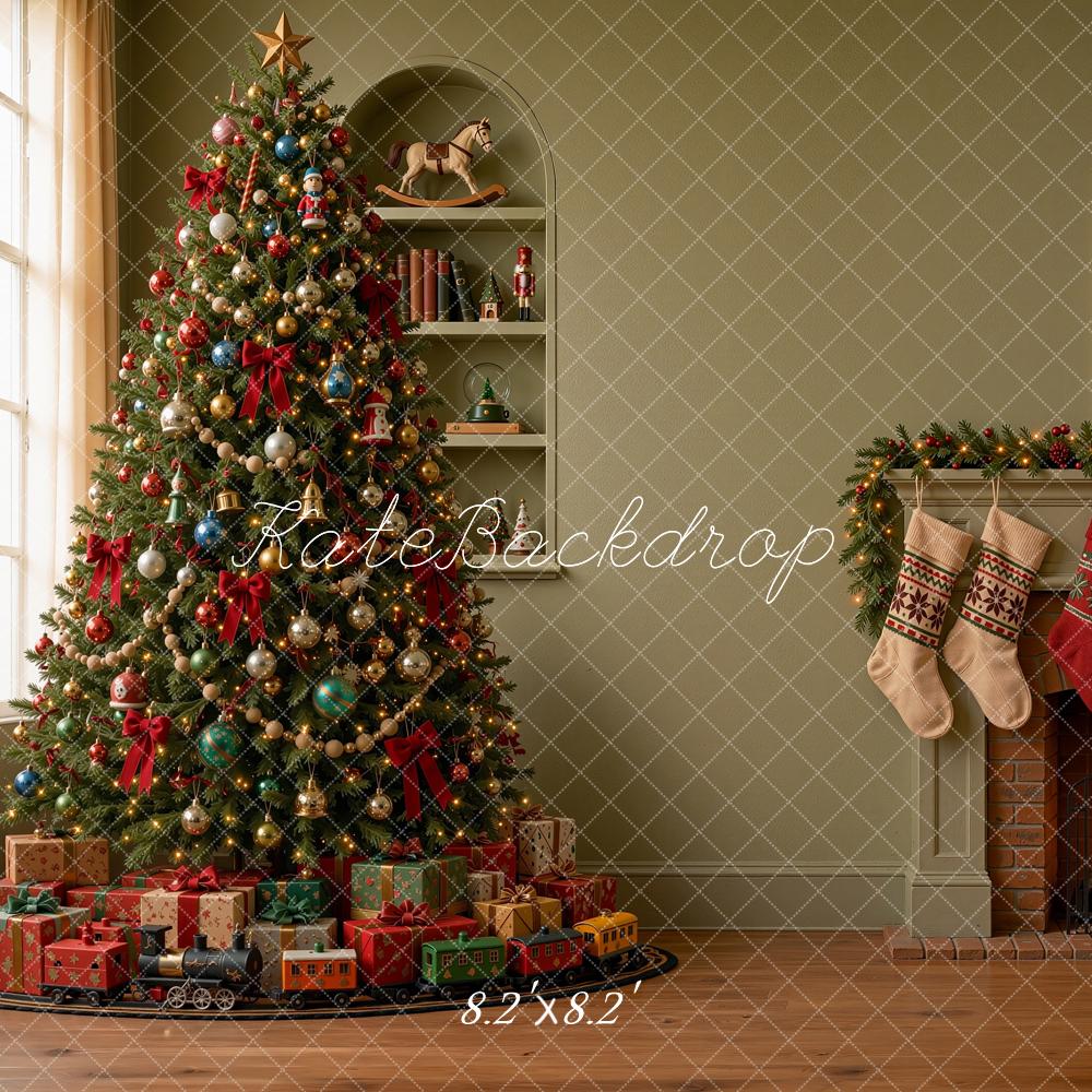 Kate Christmas Tree Fireplace Mantel Stockings Green Printed Backdrop Designed by Shutter Swan Studios