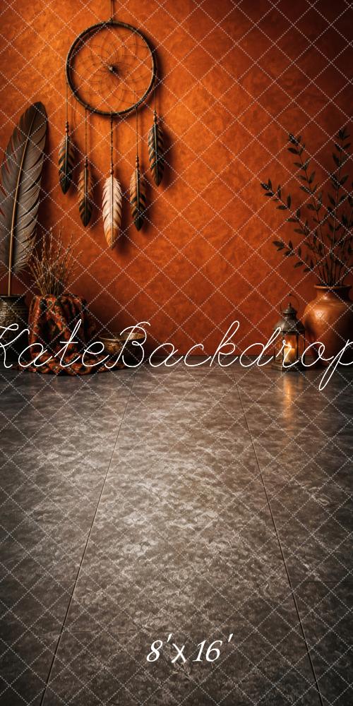 Kate Sweep Boho Dreamcatcher Feathers Orange Wall Printed Backdrop Designed by Vertigo Productions