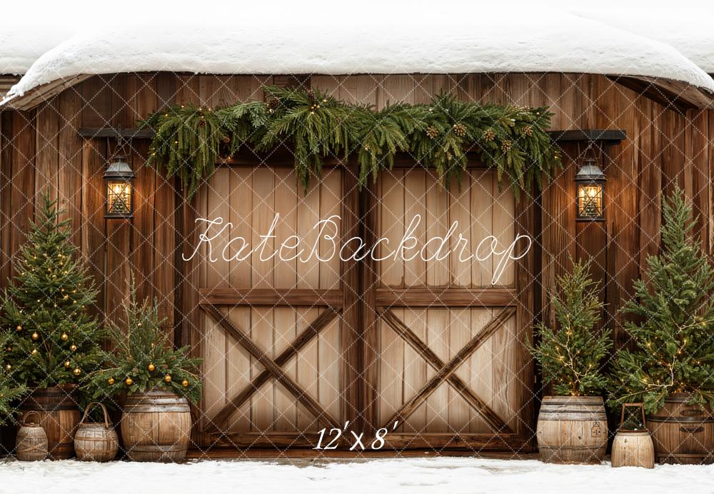 Kate Christmas Brown Barn Door Pine Trees Snow Backdrop Designed by Emetselch