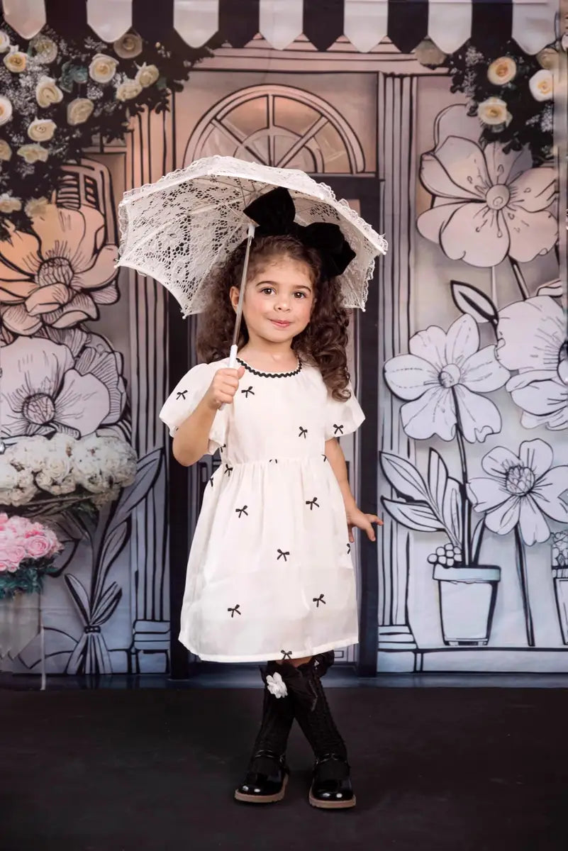 white dress with black flowers White ballet flats with black patent toe and strap main image 0