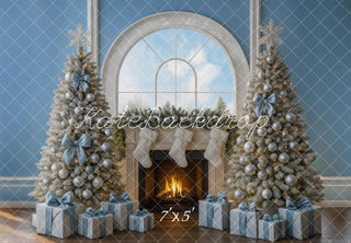 Kate Christmas Trees Silver Blue Fireplace Gifts Window Printed Backdrop Designed by Mini MakeBelieve