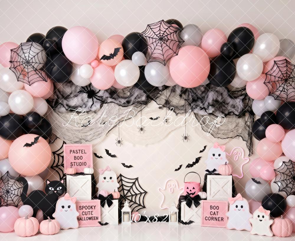 Kate Halloween Cake Smash Pink Balloon Arch Spider Web Bats Printed Backdrop Designed by Patty Roberts