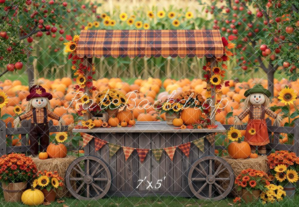 Kate Fall Pumpkin Stand Sunflower Scarecrow Field Printed Backdrop Designed by Mini MakeBelieve
