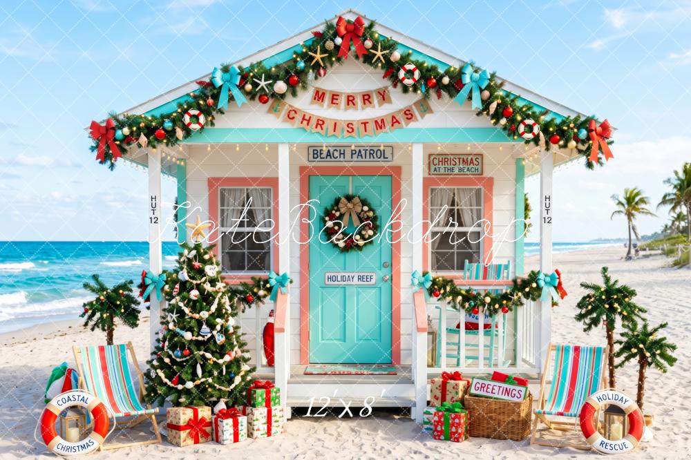 Kate Christmas Tree Coastal Beach Hut Blue Printed Backdrop Designed by Patty Roberts