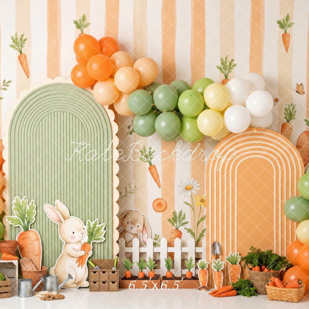 Kate Easter Birthday Carrot Stripe Balloons Arches Bunny Garden Printed Backdrop Designed by Patty Roberts