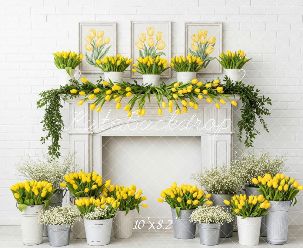 Kate Spring Yellow Tulips Flower Fireplace Backdrop Designed by Patty Roberts