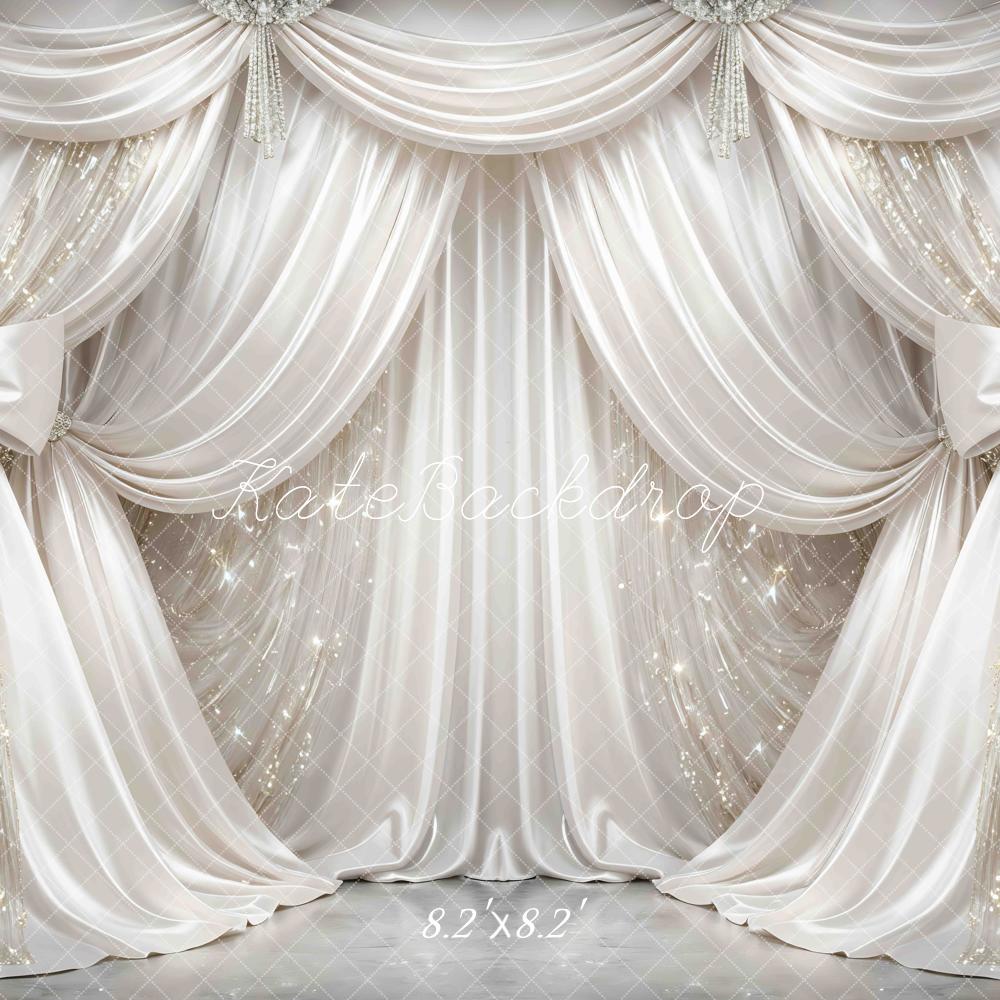 Kate Glamorous White Draped Curtains Bows Sparkle Printed Backdrop Designed by Mini MakeBelieve