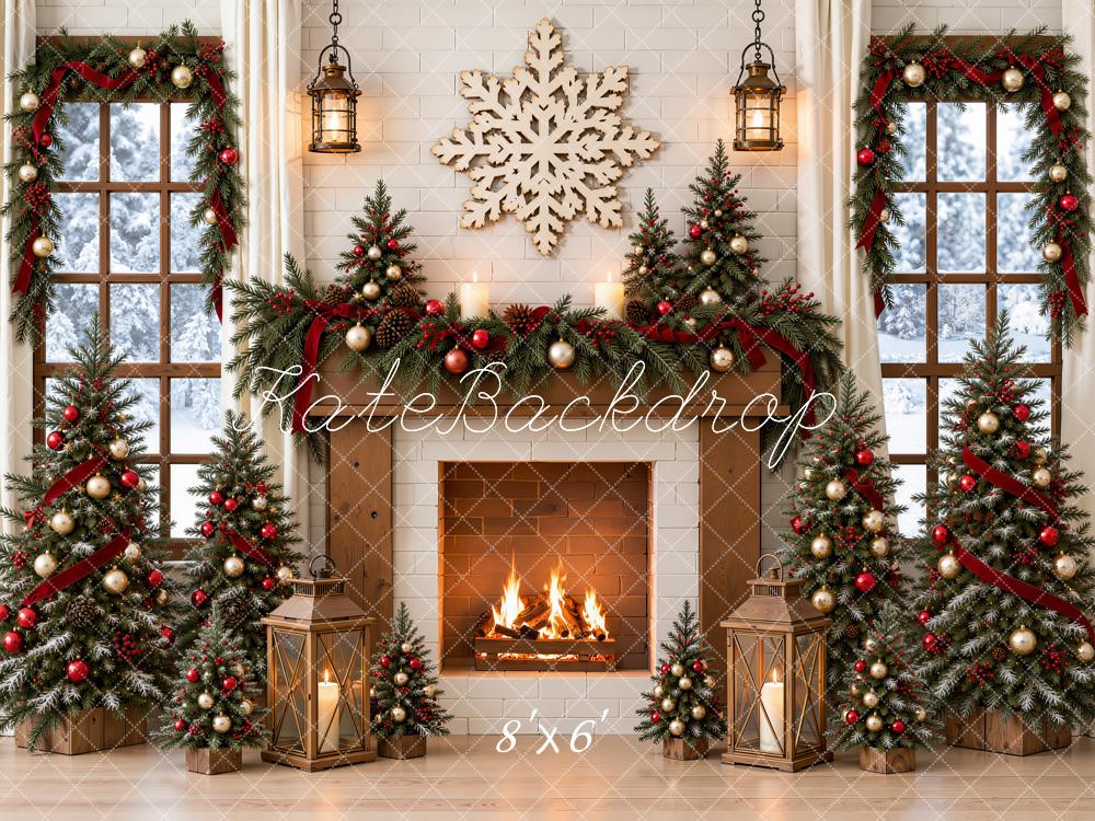 Kate Christmas Fireplace Christmas Trees Red Ribbon Garland Snowflake Printed Backdrop Designed by Emetselch
