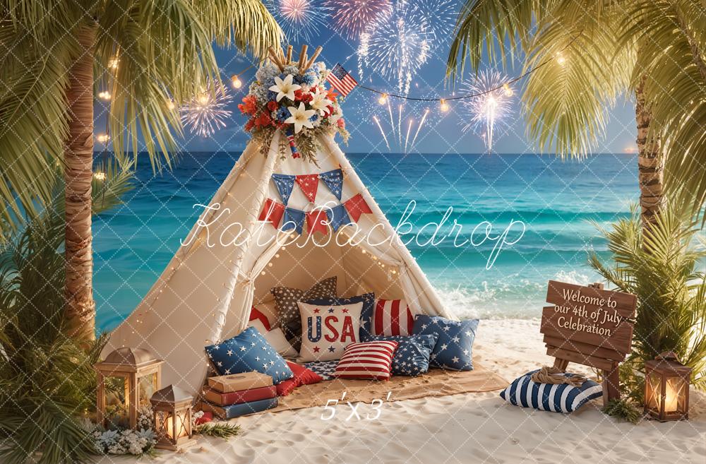 Kate Fourth of July Beach Tent Fireworks Printed Backdrop Designed by Emetselch