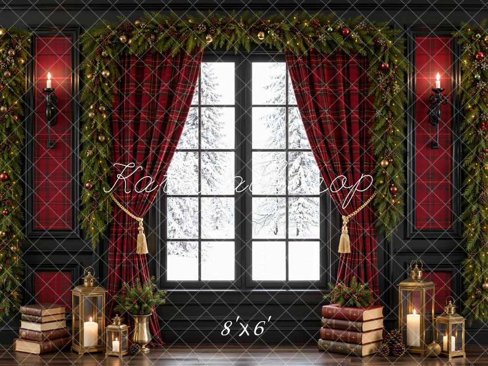 Kate Christmas Red Plaid Curtains Window Books Garland Printed Backdrop Designed by Emetselch