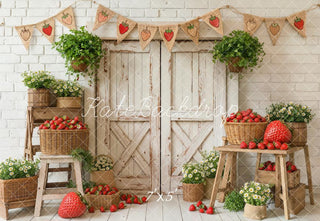 Kate Summer Rustic Strawberry Baskets Wooden Door Flowers Printed Backdrop Designed by Emetselch