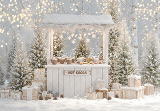 Kate Christmas Winter Hot Cocoa Stand Snowy Trees Gifts Printed Backdrop Designed by Emetselch
