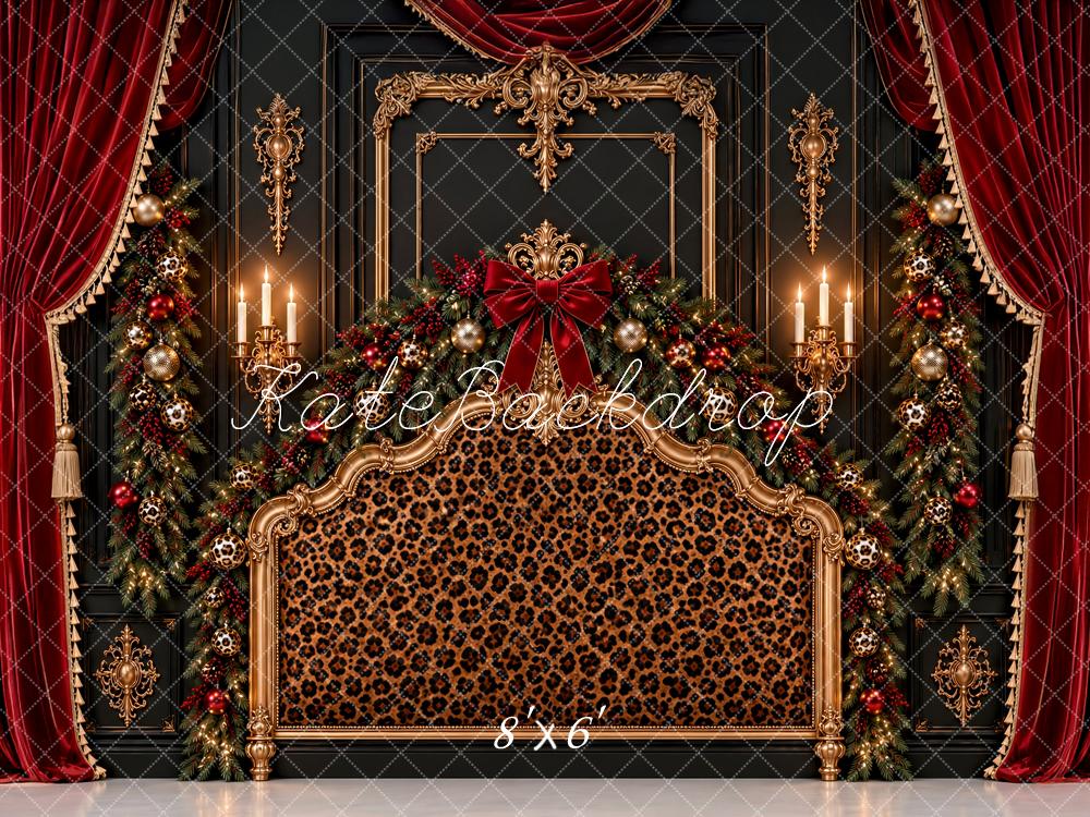 Kate Christmas Leopard Print Headboard Red Curtain Ornate Frame Printed Backdrop Designed by Ashley Paul
