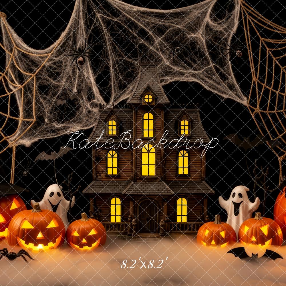 Kate Halloween Haunted House Pumpkins Ghosts Spider Webs Backdrop Designed by Patty Roberts