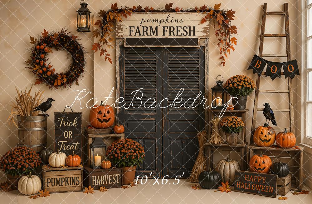 Kate Halloween Black Door Pumpkin Farm Harvest Ladder Printed Backdrop Designed by Emetselch