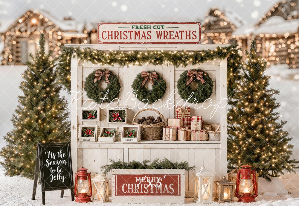 Kate Christmas Wreath Stand Evergreen Trees Gift Boxes Snow Printed Backdrop Designed by Emetselch