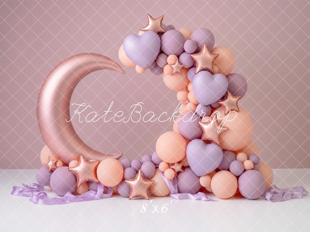 Kate Birthday Crescent Moon Stars Pink Pastel Balloon Printed Backdrop Designed by Angela Miller