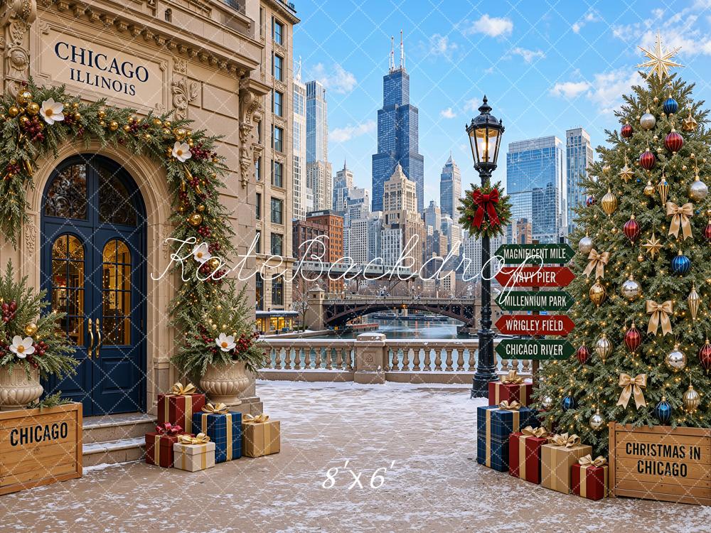 Kate Christmas Trees Chicago Cityscape Architecture Printed Backdrop Designed by Shutter Swan Studios