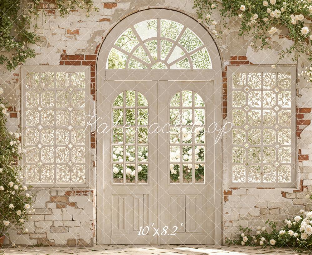 Kate Spring White Brick Arch Door Floral Window Backdrop Designed by Emetselch