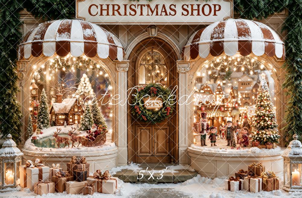 Kate Christmas Shop Santa Sleigh Village Christmas Tree Snow Printed Backdrop Designed by Emetselch