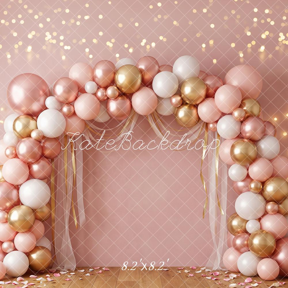TEST Kate Birthday Balloon Arch Pink Gold White Bokeh Printed Backdrop Designed by Happy Squirrel Design