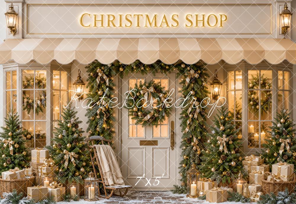 Kate Christmas Shop Storefront Sleigh Trees Gifts Printed Backdrop Designed by Emetselch