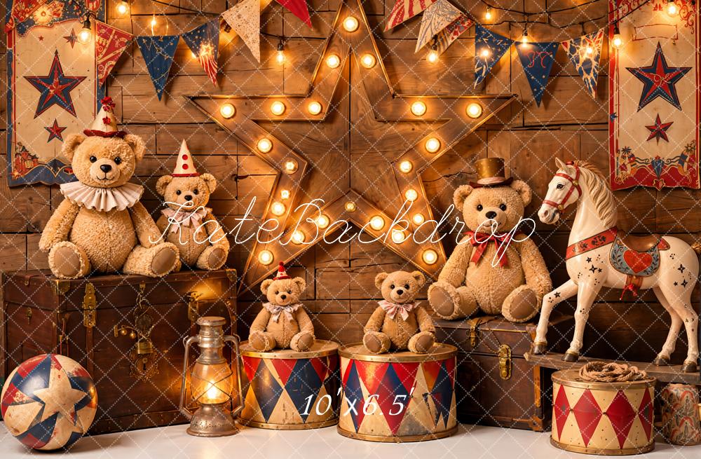 Kate Circus Teddy Bears Rocking Horse Carousel Wood Printed Backdrop Designed by Emetselch