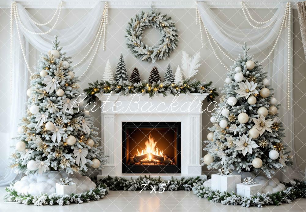 Kate Christmas White Poinsettia Fireplace Wreath Tree Pearl Backdrop Designed by Mini MakeBelieve