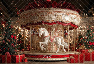 Kate Christmas Carousel White Horse Red Gifts Printed Backdrop Designed by Emetselch