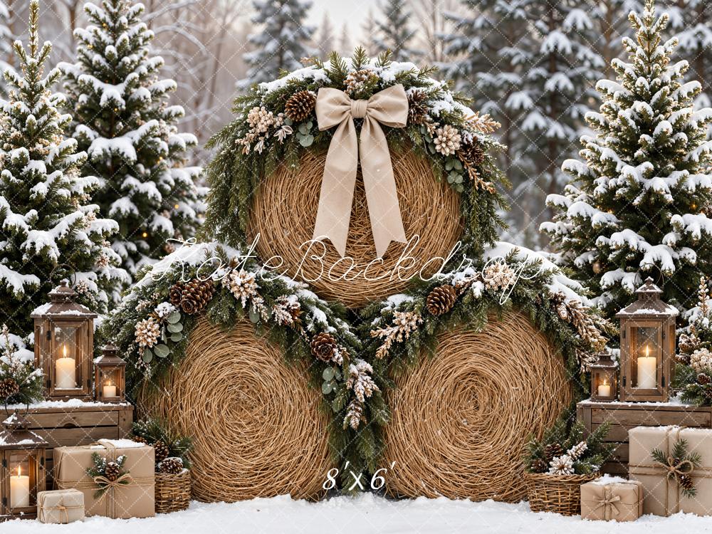 Kate Christmas Hay Bale Snowy Pine Trees Wreath Gift Lanterns Printed Backdrop Designed by Emetselch