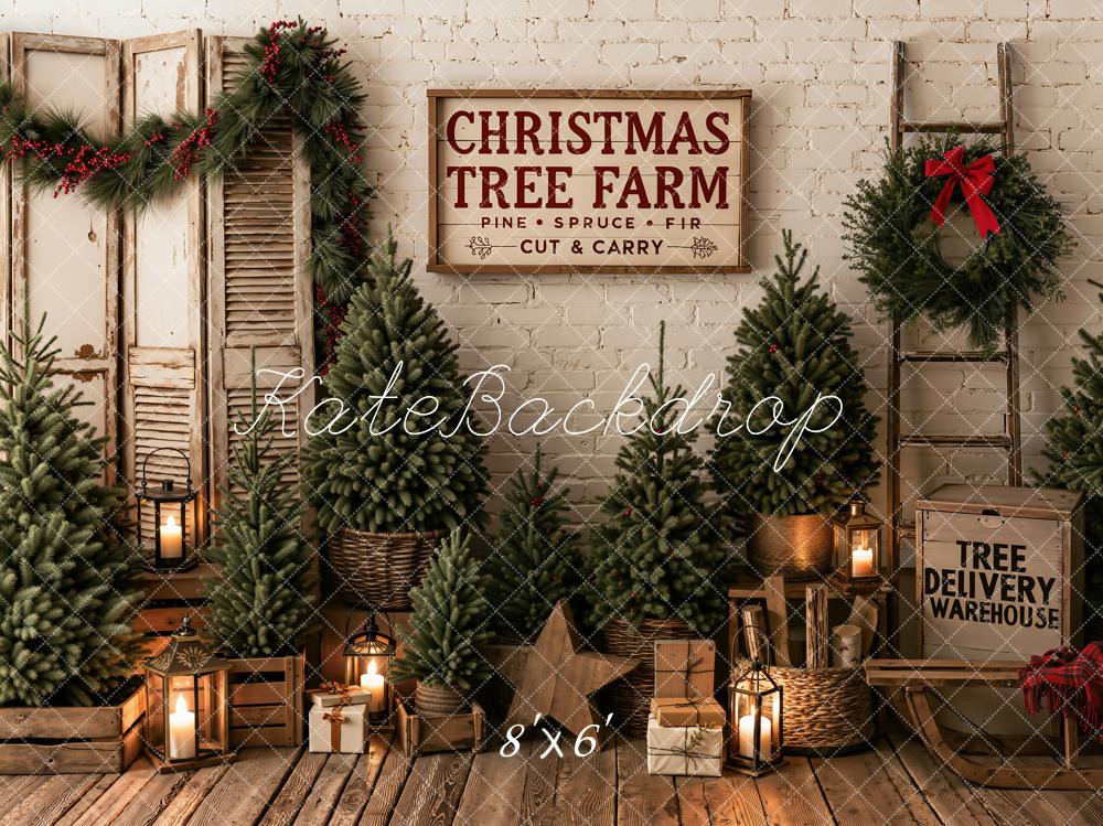 Kate Christmas Tree Farm Rustic Pine Trees Garland Printed Backdrop Designed by Emetselch