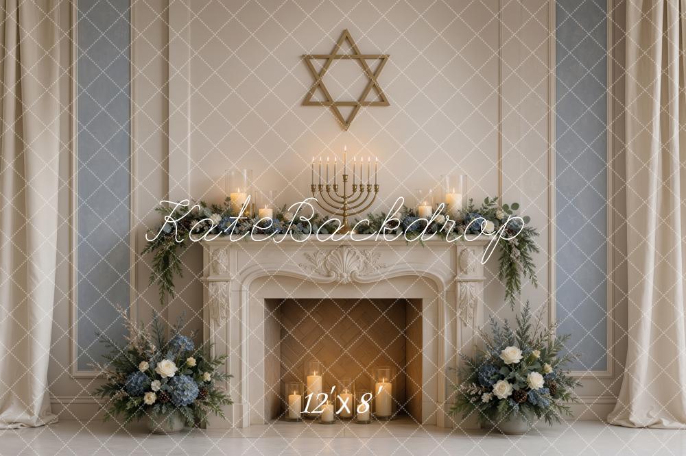 Kate Hanukkah Menorah Star of David Fireplace Floral Printed Backdrop Designed by Ashley Ward