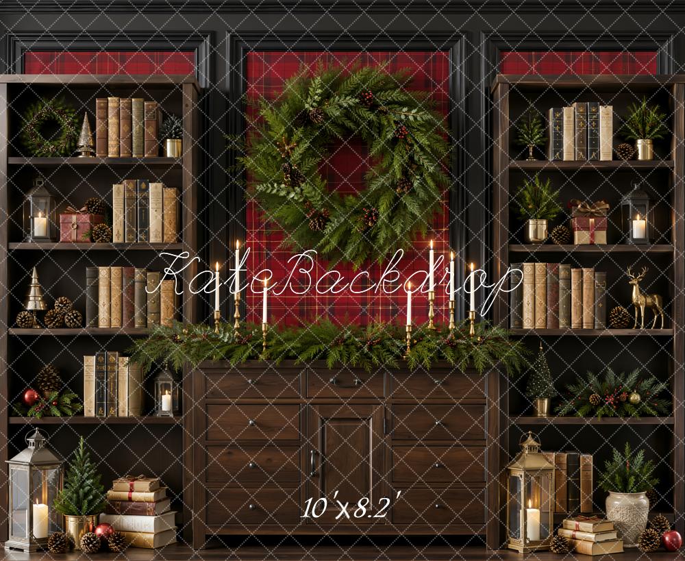 Kate Christmas Retro Library Wreath Brown Bookshelf Printed Backdrop Designed by Emetselch