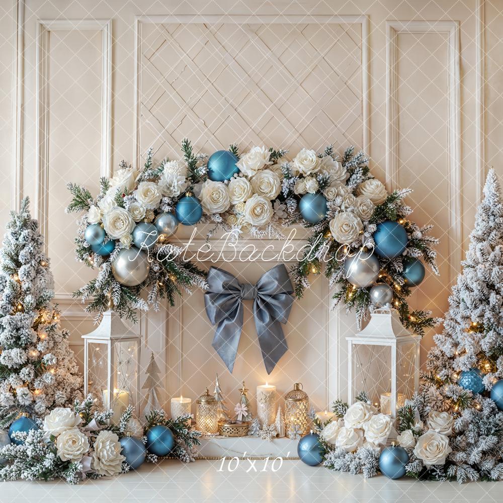 Kate Christmas Fireplace Flower Snowy Trees Bow Backdrop Designed by Emetselch