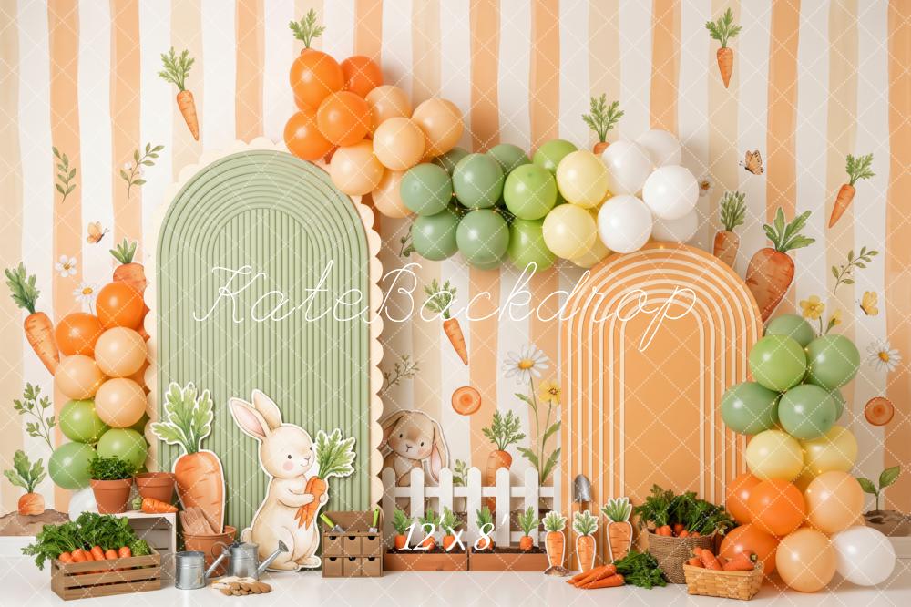 Kate Easter Birthday Carrot Stripe Balloons Arches Bunny Garden Printed Backdrop Designed by Patty Roberts