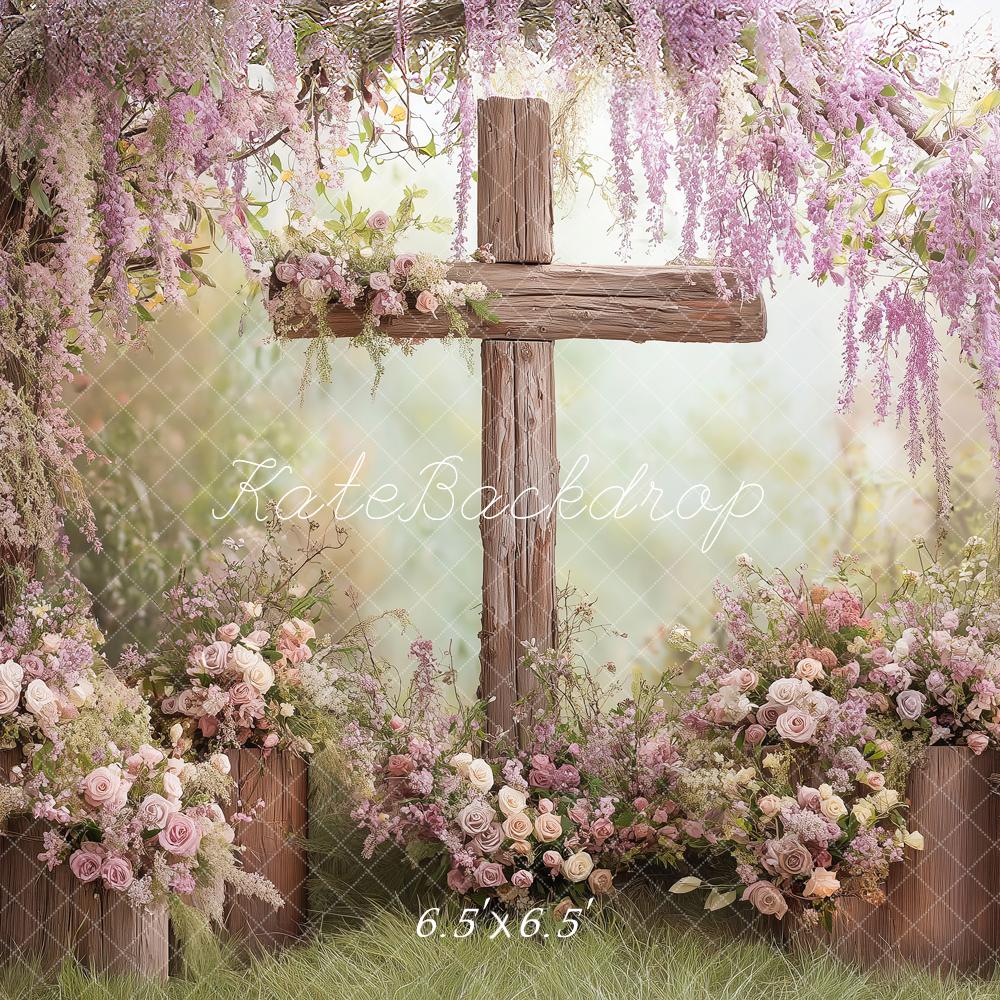 Kate Spring Wooden Cross Wisteria Flower Arch Printed Backdrop Designed by Angela Miller