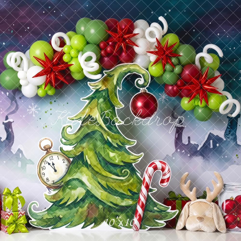 Kate Christmas Birthday Tree Whoville Balloon Garland Gifts Candy Cane Printed Backdrop Designed by Patty Roberts