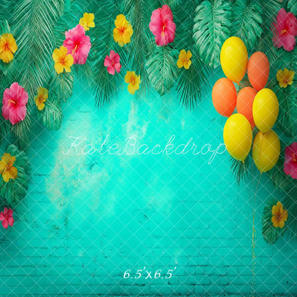 Kate Tropical Palm Leaves Hibiscus Flowers Balloons Turquoise Printed Backdrop Designed by Angela Miller